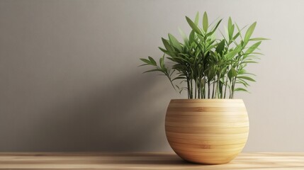 Fototapeta premium A stylish wooden planter with lush green plants, perfect for enhancing the aesthetic of any living space.