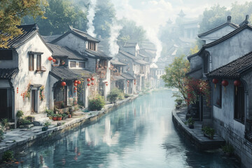 A tranquil scene of an ancient Chinese village featuring traditional clay houses with tiled roofs...