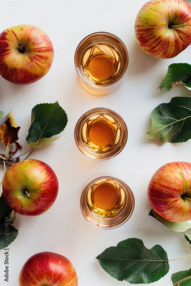 Poster three glasses of apple juice are on a table with three apples and some leaves