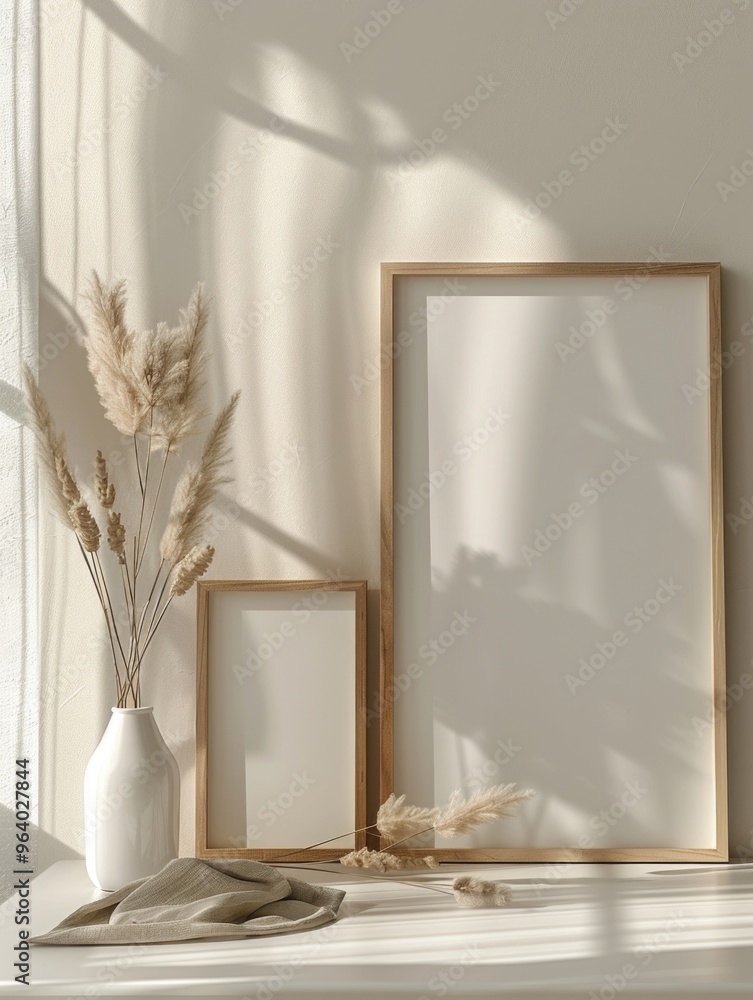 Poster two white frames with a white background and a vase of dried grass in between