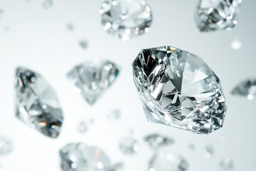 A close up of a diamond with other diamonds surrounding it. The diamonds are all different sizes and are scattered throughout the image. Scene is one of luxury and elegance