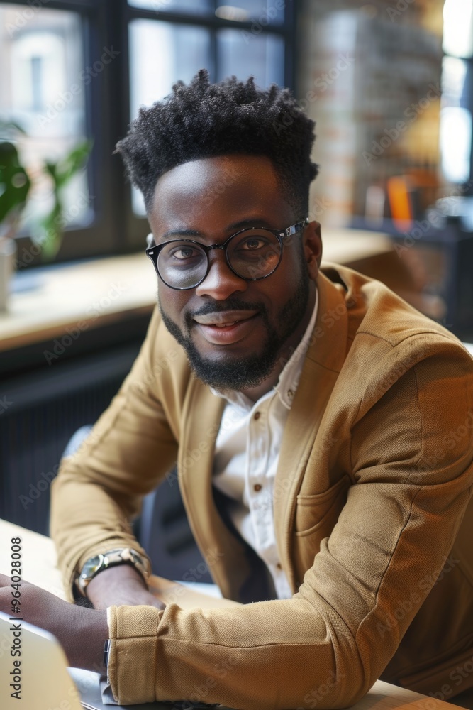 Poster a man with a beard and glasses is sitting at a table with a laptop. he is smiling and he is enjoying