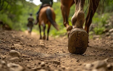 Obraz premium Serene Park Rangers on Horseback Patrolling National Park Trail on Peaceful Afternoon with Hikers in Distance, Macro of Hooves on Path
