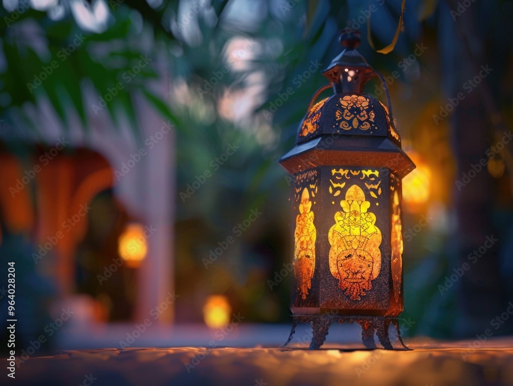 Poster a lantern with a yellow light is lit up in a garden. the lantern is surrounded by green leaves and b