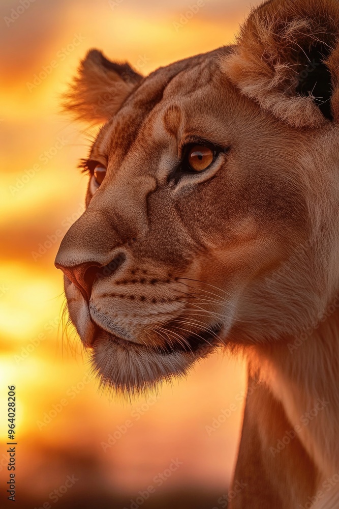 Poster a lion is staring at the camera with its mouth open. the sun is setting in the background, creating 