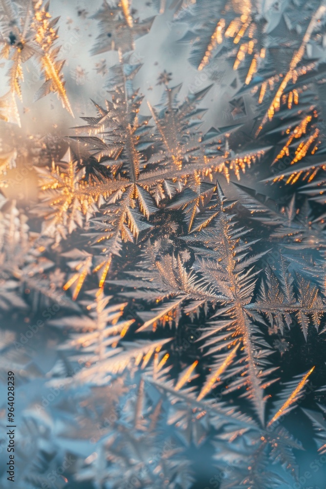 Poster a close up of ice crystals on a window. concept of stillness and tranquility, as the intricate patte