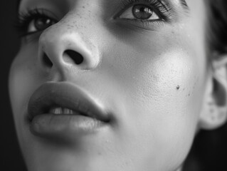A woman with a black and white photo of her face