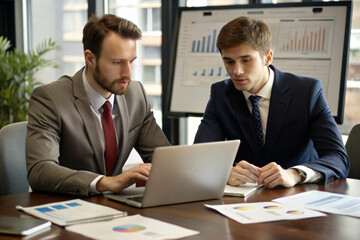 Fototapeta premium Two Professionals Analyzing Data and Making Strategic Decisions at a Business Meeting Table