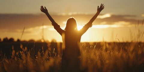 A woman is standing in a field with her arms raised in the air. The sun is setting in the background, creating a warm and peaceful atmosphere