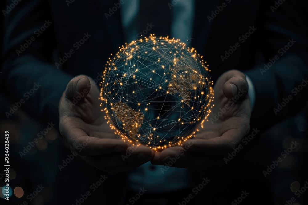 Poster a man is holding a globe with a network of lights around it. concept of interconnectedness and the i