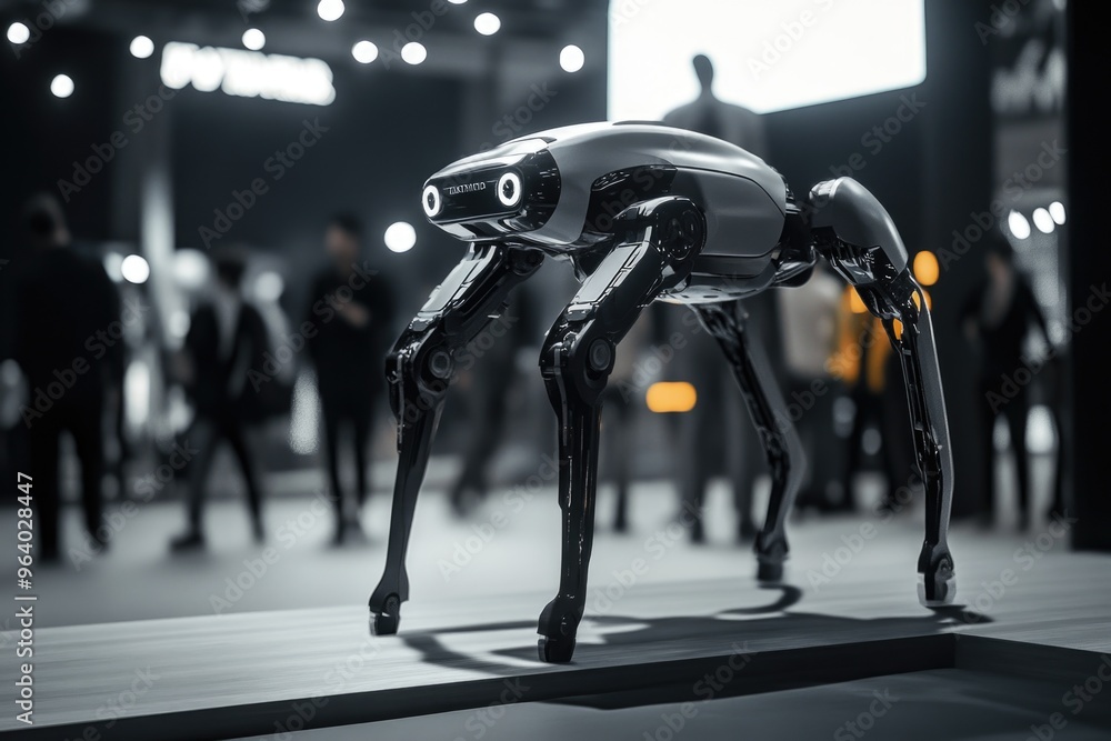 Poster a robot is standing on a table in front of a crowd of people. the robot is black and white and has a