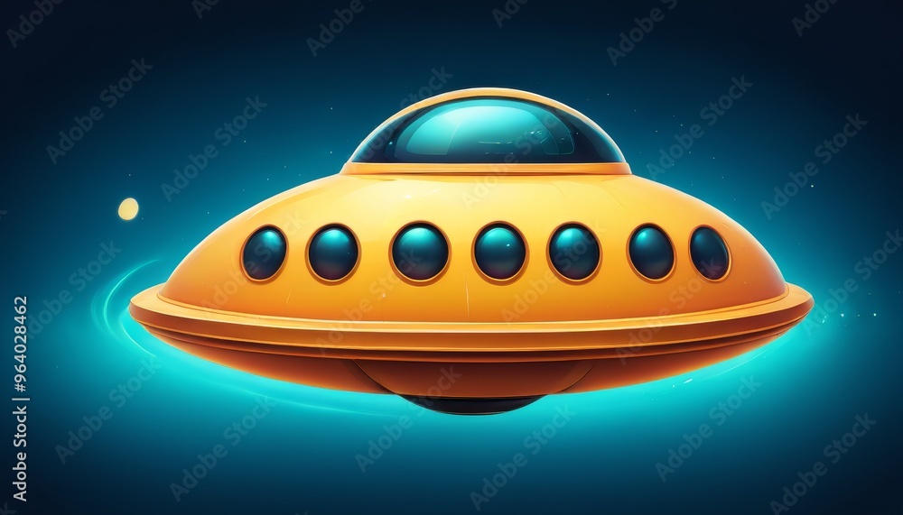Poster a vibrant illustration of a yellow ufo spaceship with a futuristic design, floating against a blue b