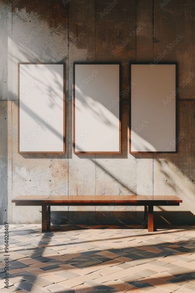 Poster a wooden bench sits in front of three empty picture frames. the bench is in a room with a lot of lig