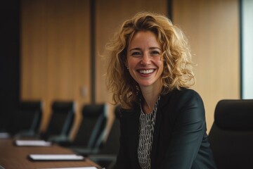 A woman with curly hair is smiling in front of a wooden desk. She is wearing a black jacket and a white shirt