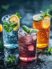 Fototapeta premium Three glasses of soda with ice and mint leaves. One is blue, one is pink, and one is orange