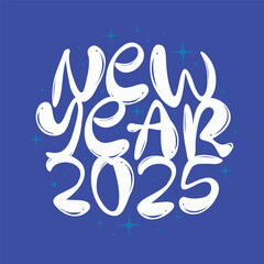 New year trendy typography logotype for celebrate happy new year 2025. Abstract text on blue background. New year greeting card, poster, banner, template, label, badge, sticker, wishing cover