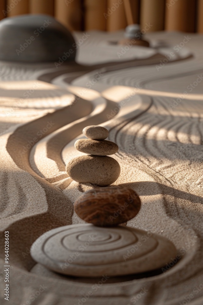 Aufkleber a row of stones are arranged in a line on a sandy beach. the stones are of different sizes and shape