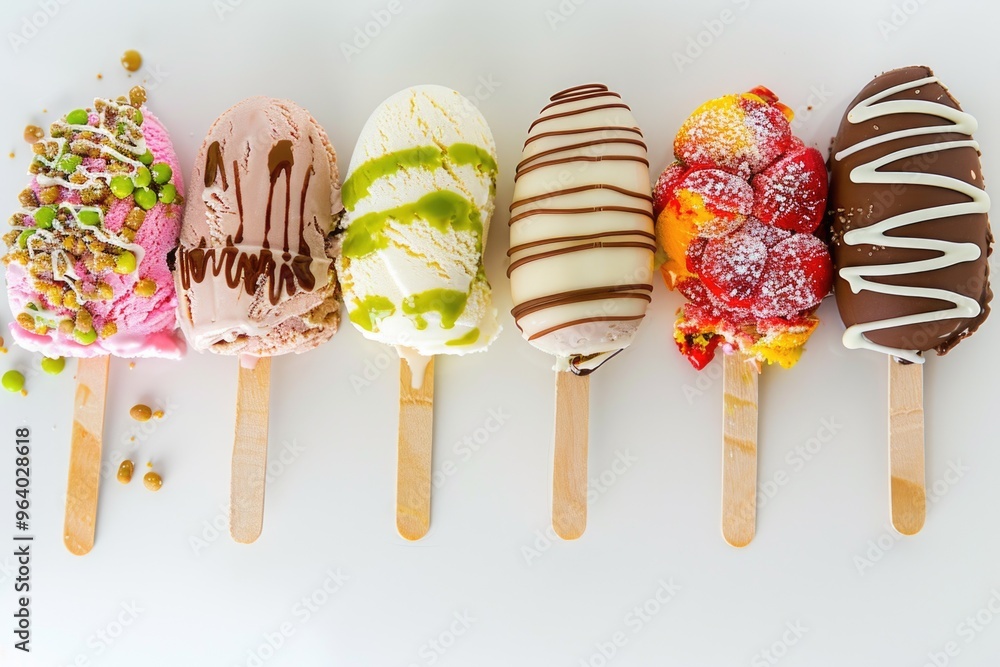 Poster a row of ice cream sticks with different flavors and toppings. concept of variety and abundance, as 