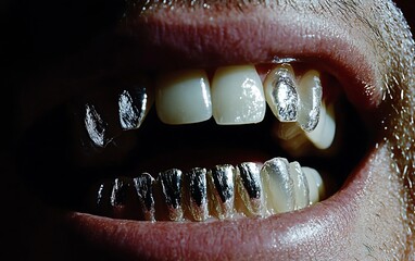 Obraz premium Shiny Silver Teeth Smiling - Close-up of a Man's Mouth with Metallic Dental Implants
