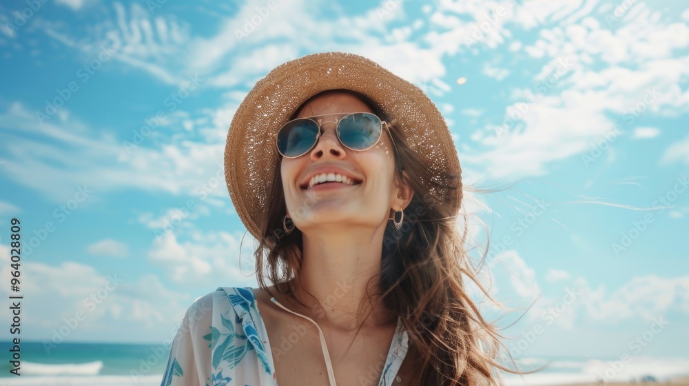 Sticker a woman wearing a straw hat and sunglasses is smiling at the camera. she is standing on a beach with