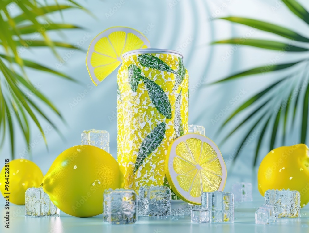 Poster a can of lemonade with a slice of lemon on top. the can is surrounded by ice and a few lemons