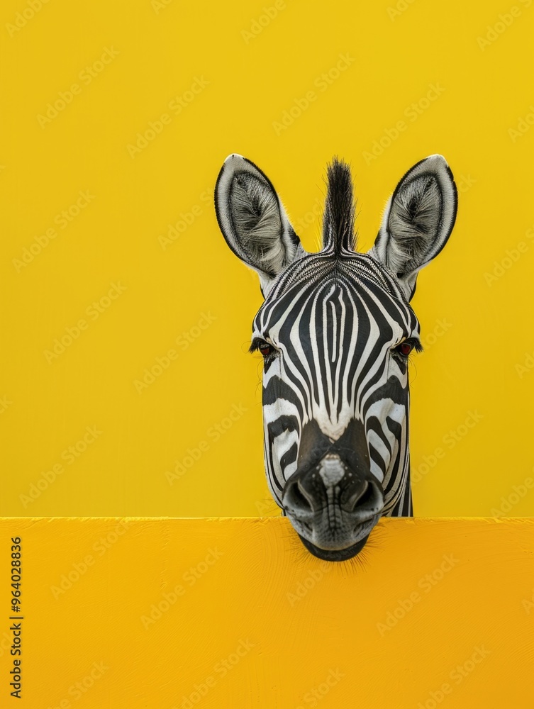 Poster a zebra is looking at the camera with its head tilted to the side. the yellow background adds a pop 