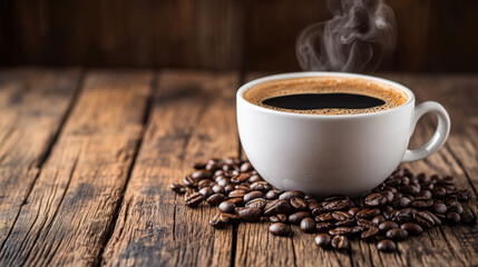 A cup of steaming black coffee with beans scattered around, set on a rustic wooden table.