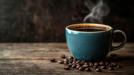 A cup of steaming black coffee with beans scattered around, set on a rustic wooden table.