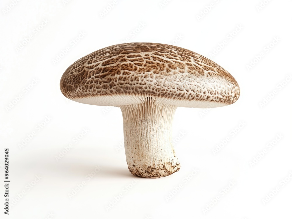 Poster a mushroom is shown on a white background. it is the only object in the image