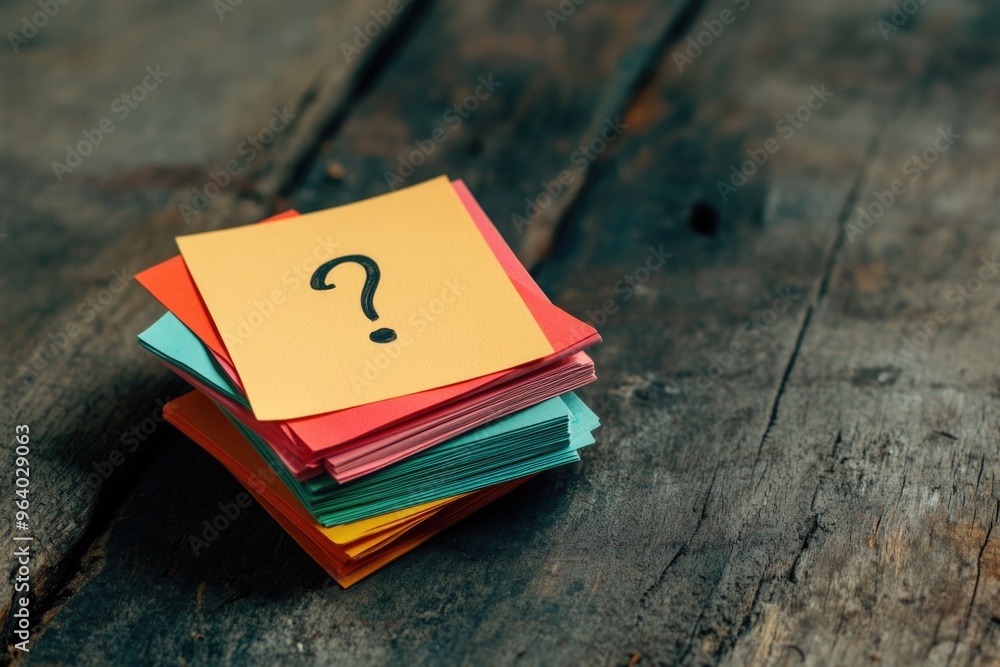 Poster a stack of colorful sticky notes with a question mark on top. the stack is on a wooden surface
