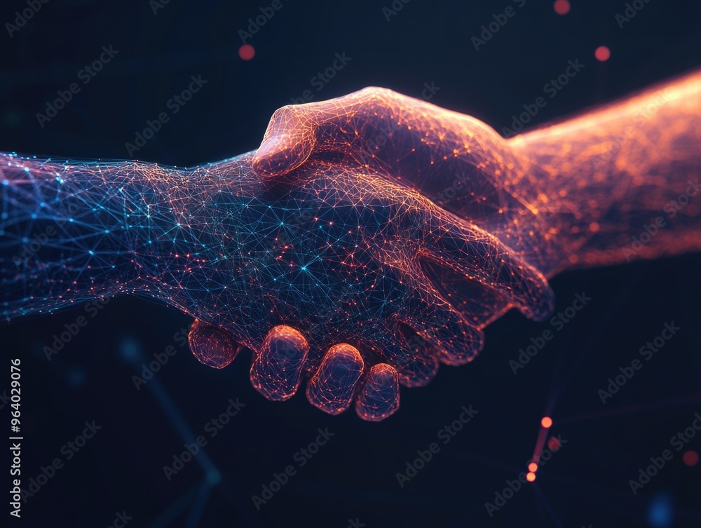 Poster a hand is shaking another hand in a digital image. concept of connection and trust between the two p