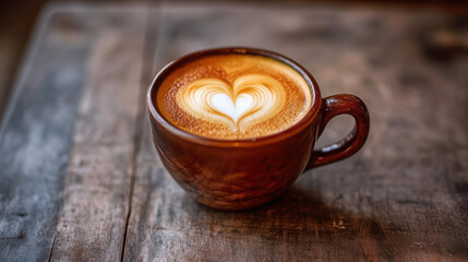 A latte art heart in a ceramic coffee cup, captured on a wooden cafe table.