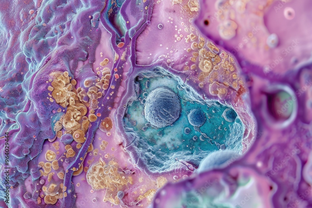 Poster a colorful painting of a cell with a blue and gold blob in the middle. the painting is abstract and 