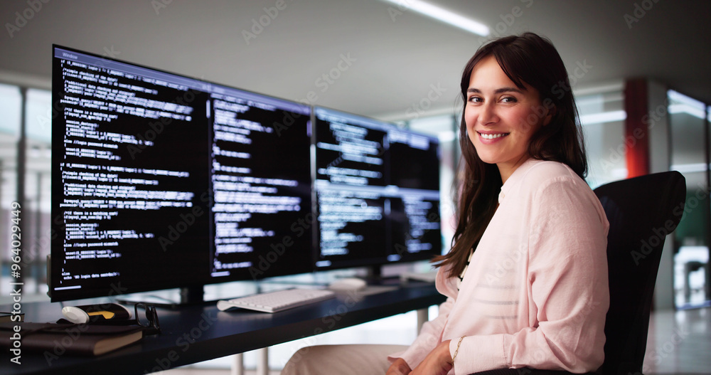 Poster Programmer Woman Coding On Multiple Computers