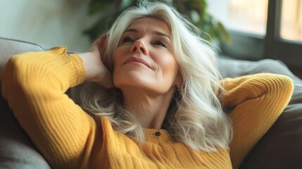 A woman in a yellow sweater is laying on a couch, looking relaxed and content. Concept of peace and tranquility, as the woman is enjoying her time alone