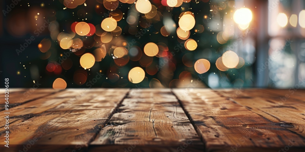 Poster a wooden table with a christmas tree in the background. the tree is lit up with lights and the table