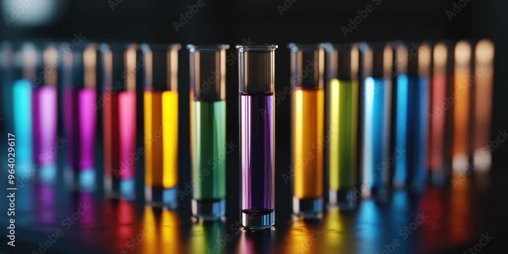 Poster a row of colorful test tubes are lined up on a table. the tubes are filled with different colored li
