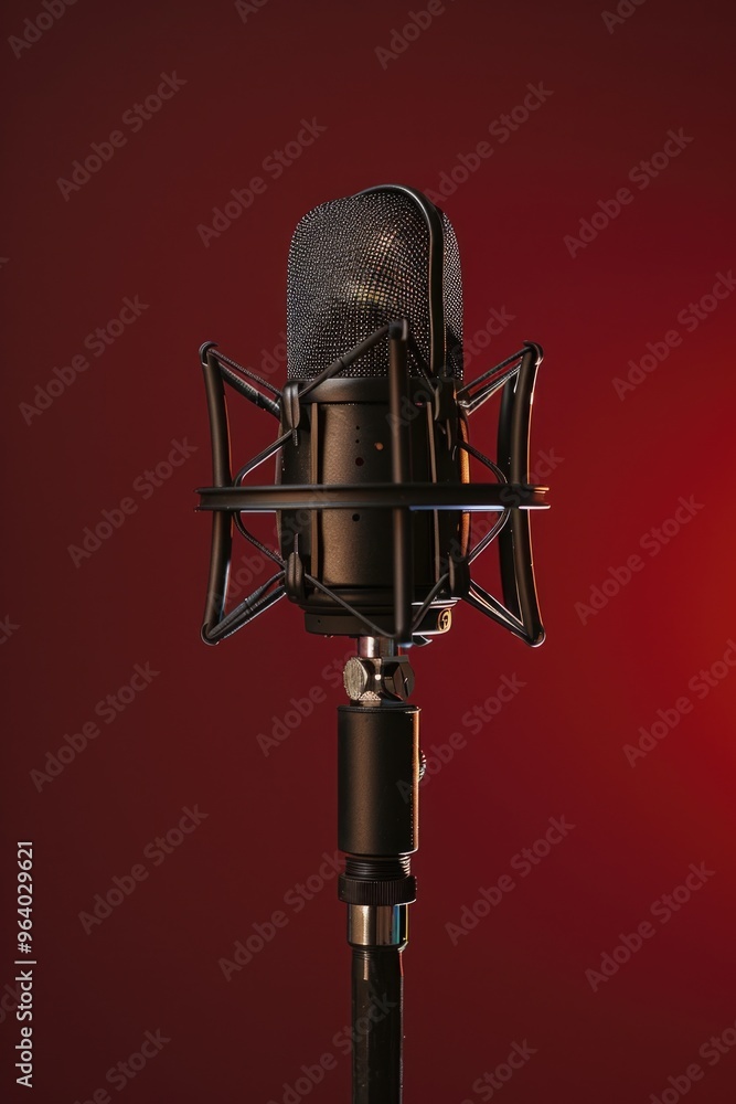 Poster a microphone is on a stand in front of a red background. the microphone is black and has a black cor