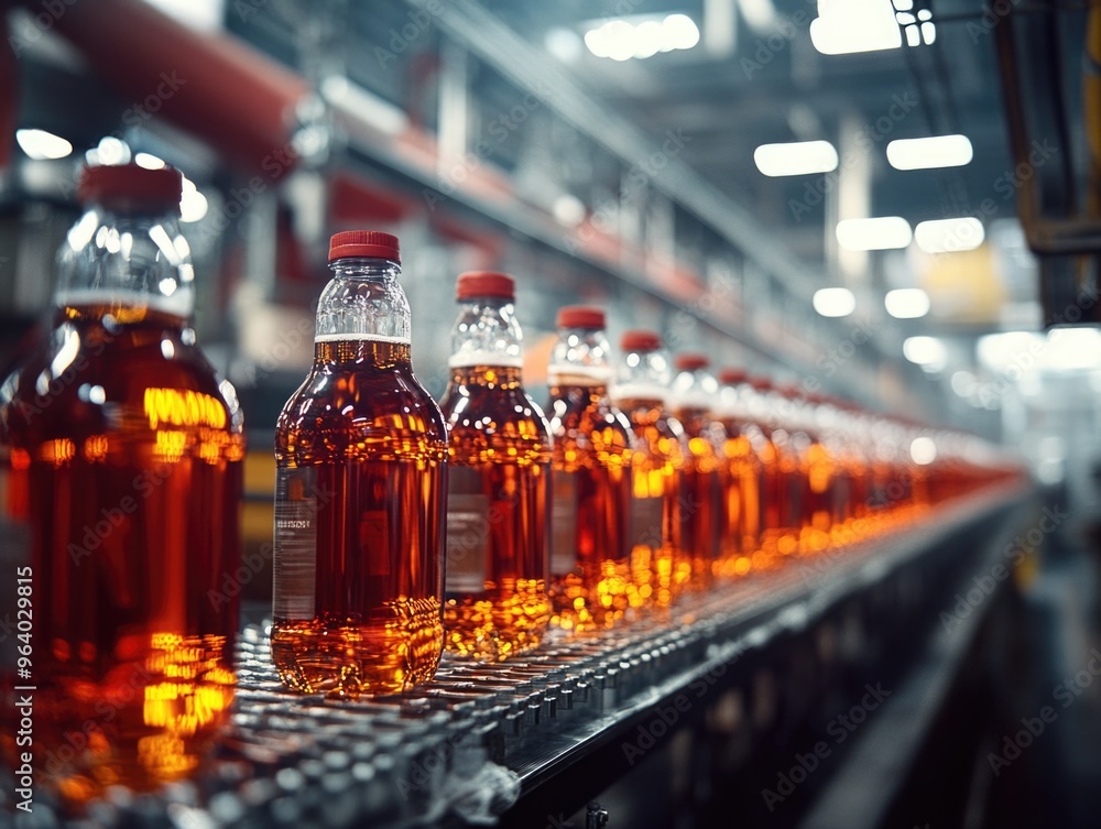 Poster a row of bottles of liquor on a conveyor belt. the bottles are all the same color and are lined up i