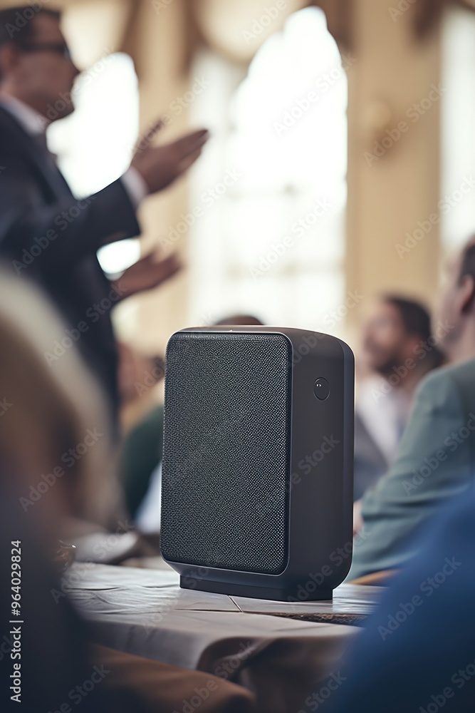 Poster a man is giving a speech in front of a crowd. a small speaker is on a table in front of him