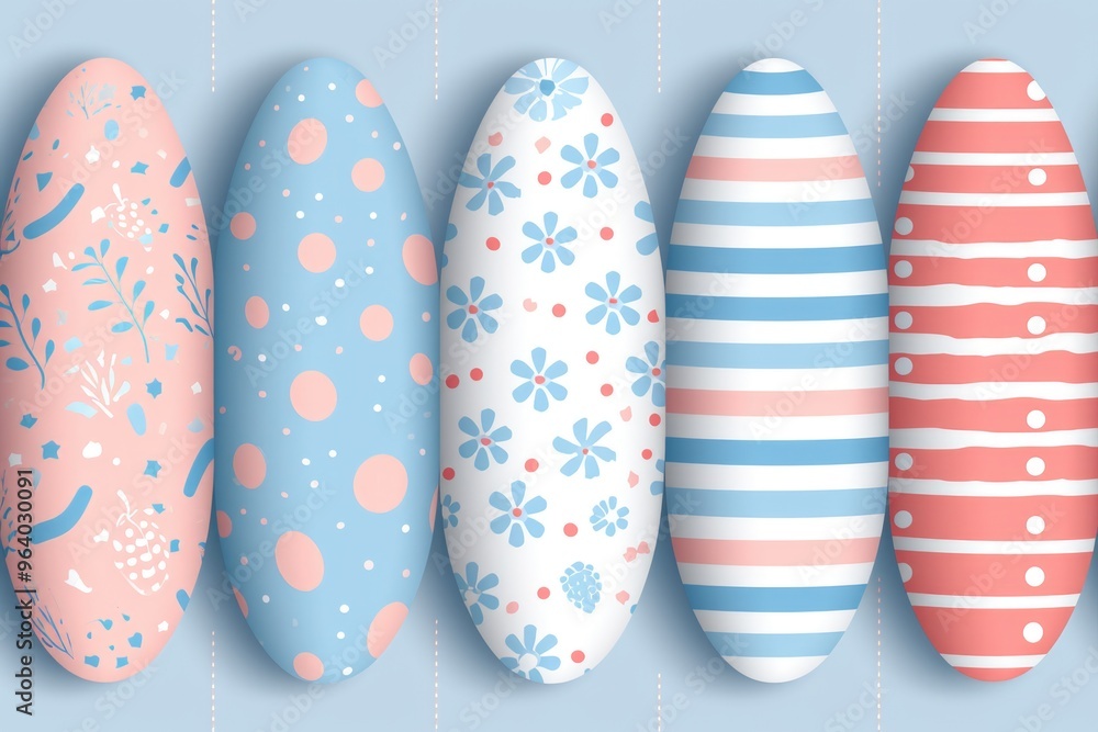 Poster a set of six egg-shaped objects with different patterns and colors. the patterns include polka dots,