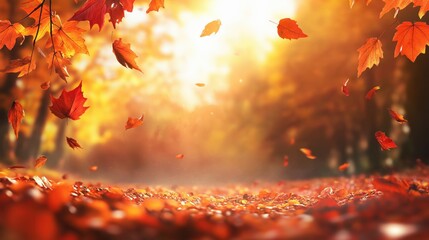 Golden Autumn Sunset: Vibrant Fall Foliage and Falling Leaves in Warm Sunlight, Nature Background for Seasonal Design, Thanksgiving, and Harvest Themes