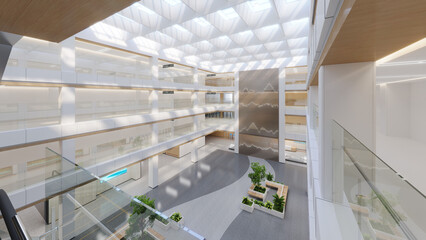 Esthetic and clean modern multi-level hospital lobby, reception and corridors. Private clinic waiting room.