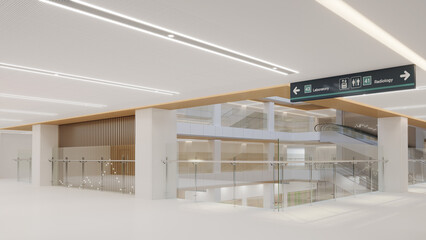 Esthetic and clean modern multi-level hospital lobby, reception and corridors. Private clinic waiting room.