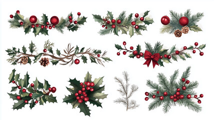 vector illustration, set of Christmas decor elements , Garland festive set, isolated on white background. Christmas design elements for poster, greeting card, website.
