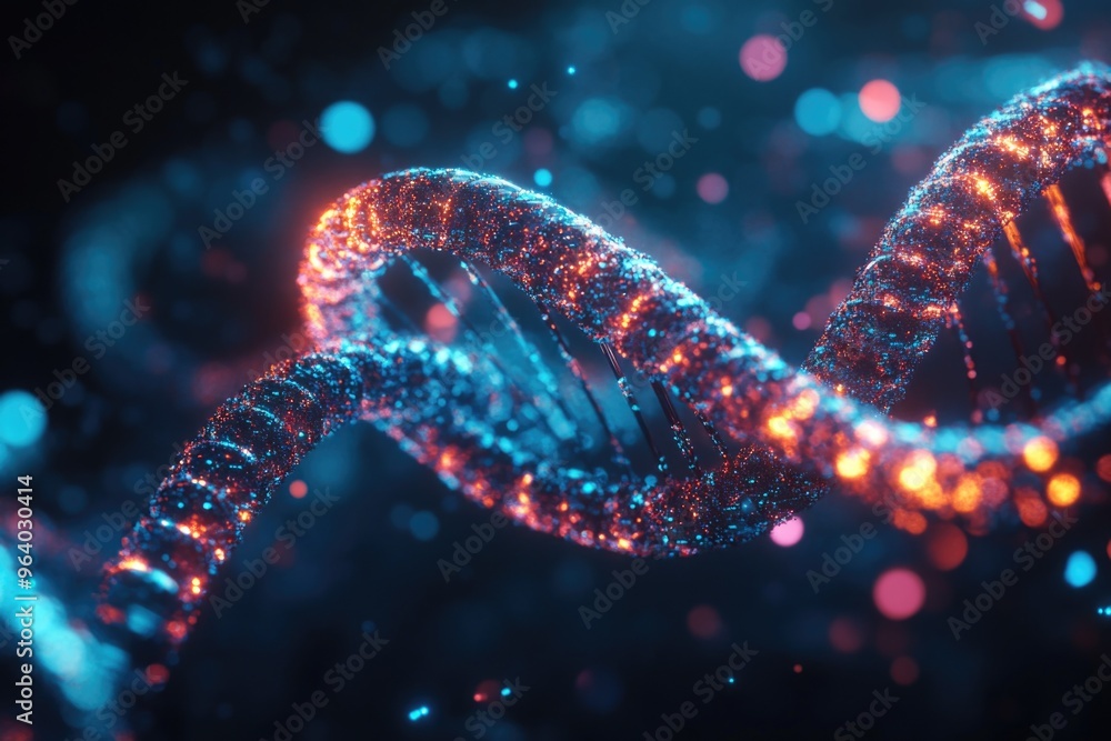 Poster a dna strand is shown in a blue and orange color scheme. the strand is twisted and has a glowing eff