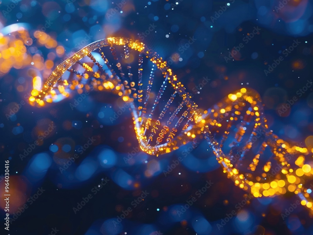 Poster a dna strand is shown in a blue and orange color scheme. the image is abstract and has a futuristic 