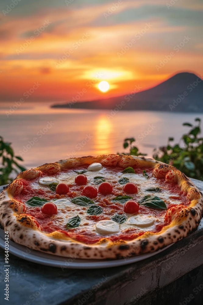 Poster a pizza with tomatoes and basil sits on a plate on a table overlooking a body of water. the sun is s