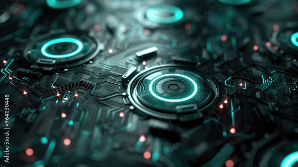 Aufkleber a computer chip with a green and red design. the design is made up of many small circles