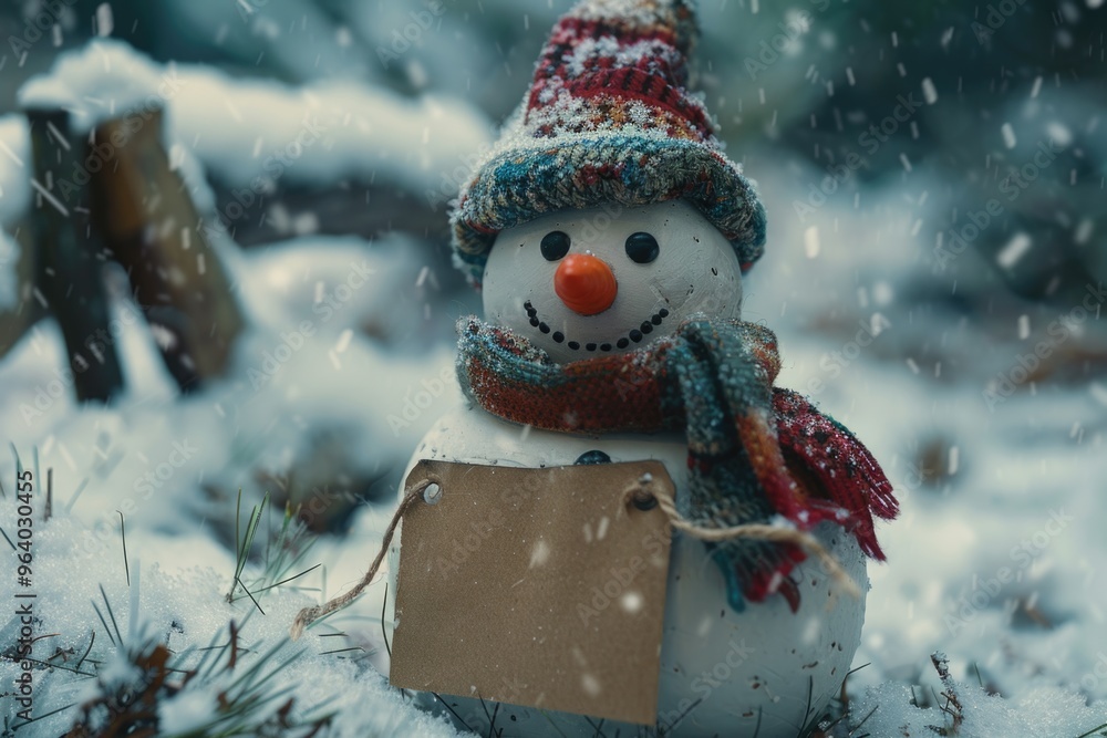 Poster a snowman with a sign on his chest. the sign is attached to a string. the snowman is smiling and wea